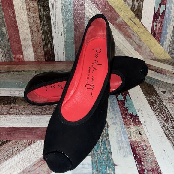 Pas De Rouge Peep Toe Suede Wedge Heel Shoes Black Made in Italy EUC SZE 8.5-9 - Picture 2 of 12